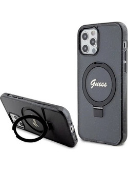 Guess Ring Stand Script Glitter MagSafe Back Cover Black (iPhone 12 / 12 Pro)