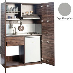 Πολυκουζίνα mini kitchen 125cm απόχρωση γκρι αλουμινίου με αριστερή γούρνα και μεγάλες πόρτες για φοιτιτικά studios, γραφεία &καταλύματα - ΚΣ125-ΠΟΡΤΕΣ-ΓΚΡΙ