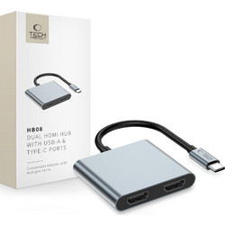 Tech-Protect HB08 4in1 USB-C + USB2.0 + 2 x HDMI 4K 60HZ adapter - gray