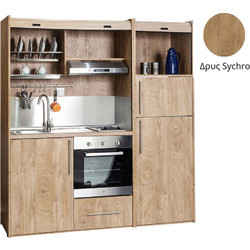 Πολυκουζίνα mini kitchen 190cm με μεγάλο ψυγείο & μεγάλο φούρνο απόχρωση δρυς sychro για γραφεία, studios & καταλύματα airbnb