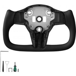 Τιμόνι VEVOR για Tesla Model 3 2016-2023, Τιμόνι από ανθρακονήματα σε σχήμα D με επίπεδο κάτω μέρος και λειτουργία θέρμανσης, Δερμάτινη λαβή με υφή που δεν γλιστράει, Ανταλλακτικά αξεσουάρ για Model 3