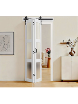 Πόρτα Αχυρώνα VEVOR Δίπτυχη, 914 x 2134 mm, MDF με συρόμενες πόρτες από σκληρυμένο γυαλί, Συμπεριλαμβάνεται κιτ εξαρτημάτων, Σχεδιασμός εξοικονόμησης χώρου, Προσυναρμολογημένα πάνελ για υπνοδωμάτιο, σ