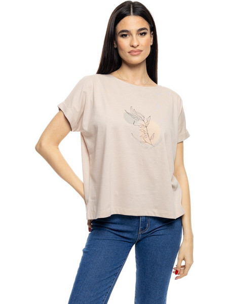 S&apos, Γυναικείο t-shirt με τύπωμα &apos,&apos,CIRCLE WITH LEAF&apos,&apos, 53-106-017 070 BEIGE