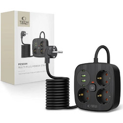 Tech-Protect PCS3X4 Power strip, 3 sockets, 2xUSB-A, 2xUSB-C 200 Cm - Black - (27744-0)
