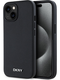 DKNY PU Leather Silver Metal Logo Magsafe Case for iPhone 14 Black - (DKHMP14SPGHLMK)