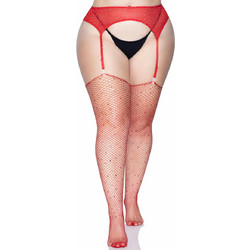 Leg Avenue Plus Rhinestone Fishnet Stockings Red
