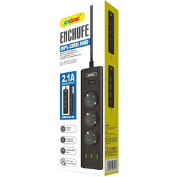 Πολύπριζο Andowl Q-PX300 Μαύρο με USB και Διακόπτη 2μ Καλώδιο