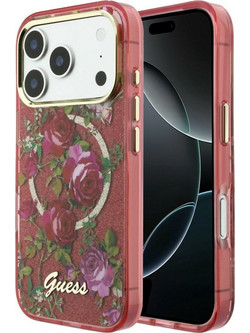 Guess IML Glitter Blossom Roses iPhone 18 Pro Max / 17 Pro Max Θήκη Burgundy