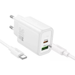 Hoco N63 Hoco Φορτιστής με Θύρα USB-A και Θύρα USB-C και Καλώδιο USB-C - USB-C 30W Power Delivery / Quick Charge 3.0 Λευκός Λευκό Cable & Wall Adapter