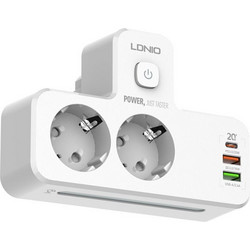 LDNIO SE2337 Πολύπριζο 2x Shucko, 3x USB (1x Type-C & 2x USB-A) 20W PD/QC3.0, Αφής Φωτιστικό Νυκτός & Διακόπτη
