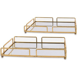 S/2 rectangular gold trays with mirror 41/48cm