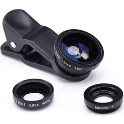 Σετ 3 φακών Wide, Macro και FishEye με κλιπ προσαρμογής για όλα τα κινητά - Μαύρο