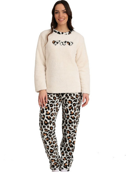 Lydia Creations Σετ Γυναικείες Πιτζάμες Χειμωνιάτικες Fleece Μπεζ Μαύρες 24589