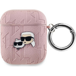 Karl Lagerfeld Monogram Karl & Choupette Head Θήκη Σιλικόνης με Γάντζο για Apple AirPods 1 / 2 Ροζ