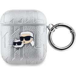 Karl Lagerfeld Embossed Karl & Choupette Heads Θήκη Σιλικόνης με Γάντζο για Apple AirPods 1 / 2 Ασημί