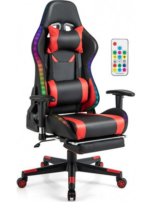 Costway Καρέκλα Gaming Δερματίνης με Ρυθμιζόμενα Μπράτσα και Υποπόδιο και RGB Μαύρη Κόκκινη CB10483RE
