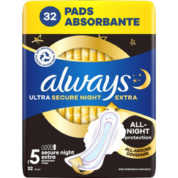 Always Ultra Secure Night Extra Σερβιέτες με Φτερά για Αυξημένη Ροή 8 Σταγόνες 32τμχ