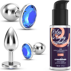 Crushious Bijou Anal Wet Train Trio Σετ Πρωκτικές Σφήνες Diamond Plugs Ασημί Μπλε + Lubricant
