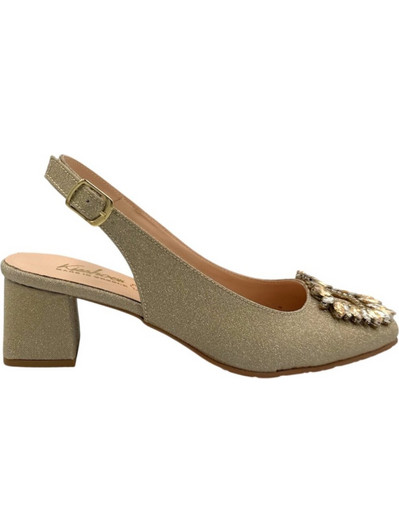 Blondie Γόβες Slingback Δερμάτινες με Χοντρό Χαμηλό Τακούνι & Στρας Χρυσές 4010