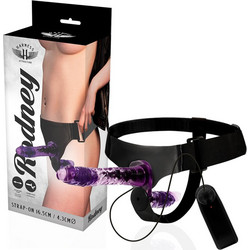 Rodney Harness Strap On με Διπλό Dildo 18cm & Δόνηση Μωβ D-224930