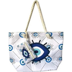 Puckator Oval Evil Eye Υφασμάτινη Τσάντα Θαλάσσης Ώμου Λευκή BBAG12