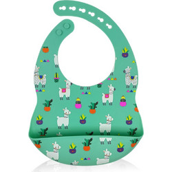 BabyCloud Llama Αδιάβροχη Σαλιάρα Σιλικόνης με Κουμπί & Τσέπη 6m+ Πράσινη