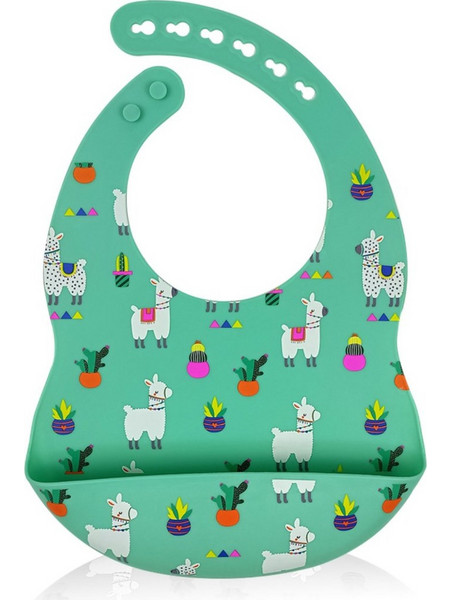 BabyCloud Llama Αδιάβροχη Σαλιάρα Σιλικόνης με Κουμπί & Τσέπη 6m+ Πράσινη