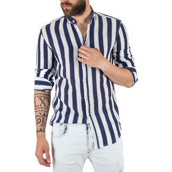 Stefan Ανδρικό Πουκάμισο Λινό Ριγέ Μακρυμάνικο Slim Fit με Mao Γιακά Μπλε 9029-S/S20