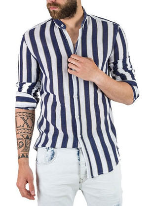 Stefan Ανδρικό Πουκάμισο Λινό Ριγέ Μακρυμάνικο Slim Fit με Mao Γιακά Μπλε 9029-S/S20