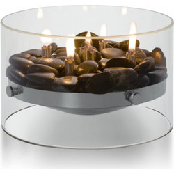 FIRE table fireplace. Material:glass, steel, glass fibre wicks, river stones O 23 x 14 (h) cm. Dimensions:Length: 9 inch Width: 9 inch Height: 6 inch 123118