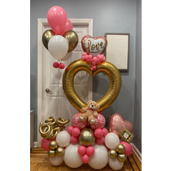 Valentine's day Σύνθεση teddy bear big gold heart - άσπρο, ρόζ, χρυσό