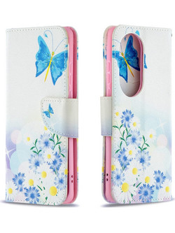 Θήκη Huawei P50 Pro OEM Blue Butterfly & Flowers με βάση στήριξης, υποδοχές καρτών και μαγνητικό κούμπωμα Flip Wallet από συνθετικό δέρμα και TPU