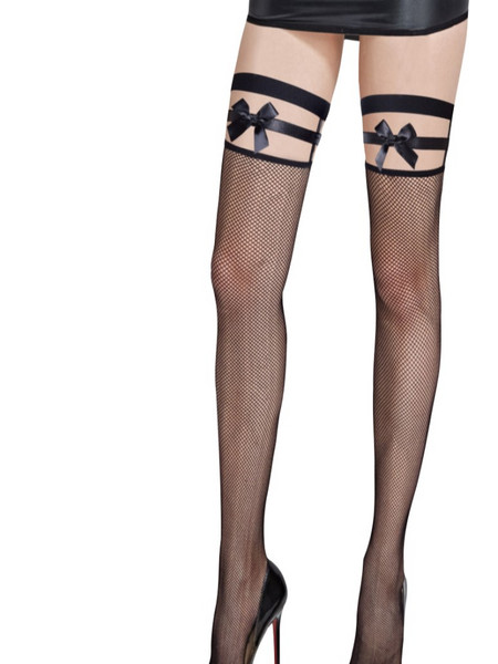 La Lolita Amsterdam ROXIE Ψηλές διχτυωτές κάλτσες πάνω από το γόνατο με φιογκάκια & straps ΜΑΥΡΟ
