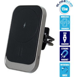 GloboStar(R) 79695 Μαγνητική Βάση Κινητού Αυτοκινήτου Max 15W USB σε USB Type-C με Κλιπ στον Αεραγωγό - Ασύρματη Φόρτιση MagSafe QuickCharge 3.0