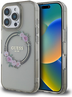 Guess Flower Wreath MagSafe Hard Case Black (iPhone 16 Pro)
