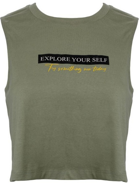 Μπλούζα Crop Top Γυναικεία Αμάνικη Βαμβακερή Χακί Explore your self - One Size