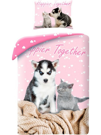 Animals Happier Together Cat and Dog themed bedding set 140x200cm, 70x90 cm