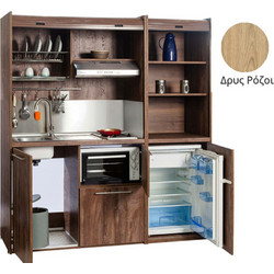 Πολυκουζίνα mini kitchen 190cm με μικρό ψυγείο & μικρό φουρνάκι απόχρωση δρυς ρόζοι για ξενώνες & γραφεία - ΚΣ190-ΜΙ-ΔΡΥΣ-ΡΟΖΟΙ