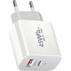 Lucas 45W QC3.0+PD dual USB Φορτιστής Γρήγορης Φόρτισης Λευκός (E23)