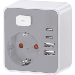Πρίζα Εξωτερική 1 Θέσης με 2 x USB-C - 2 x USB-A και Διακόπτη 3600W Technik Γκρι - Λευκή