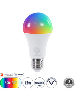 GLOBOSTAR(R) SMARTME 60490 Λάμπα E27 A60 Smart Home WiFi με Λειτουργία μέσω Tuya APP LED 12W 1200lm 260 AC 220-240V IP20 Πολύχρωμο RGBW+WW Dimmable - Bridgelux Chip - Μ6 x Π6 x Υ12cm