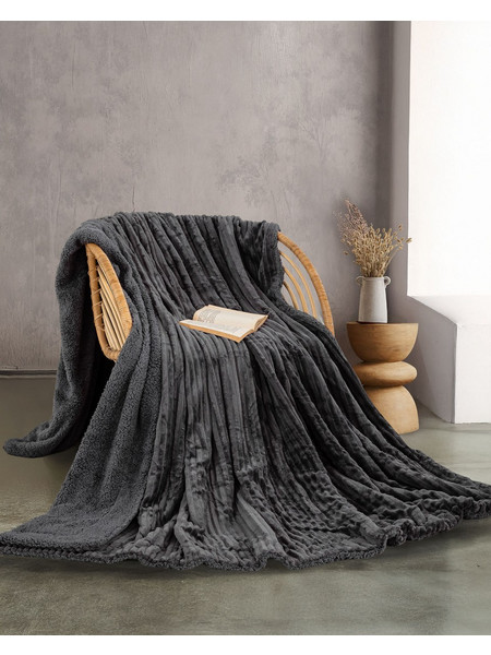 Κουβέρτα 220x240 Υπέρδιπλη Flannel Sherpa 440gsm Rythmos Jollein- Ανθρακί