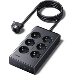 Ugreen S622 Πολύπριζο 6 Θέσεων με 4 Θύρες Φόρτισης 10-in-1 Power Strip with 6x AC 3680W + 1x USB-C 20W + 3x USB-A 15W (15W Total) 1.5m - Μαύρο (75141