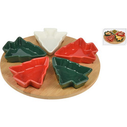 Σετ σερβιρίσματος Excellent Houseware με 5 μπολ και δίσκο - Φυσικό χρώμα ξύλου, πρασινο, κόκκινο