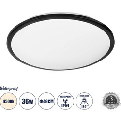 GloboStar(R) TUFFIN 60999 Πλαφονιέρα Οροφής LED 36W 3960lm 120 AC 220-240V Αδιάβροχη IP54 Φ48 x Υ6.5cm Φυσικό Λευκό 4500K - Μαύρο - Bridgelux Chips - 3 Years Warranty