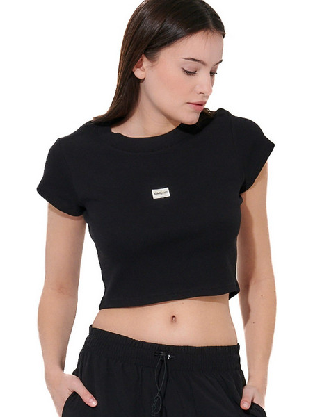 BODY ACTION WOMEN'S SLIM CROPPED RIBBED T-SHIRT 051628-01-01 Μαύρο
