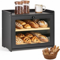 VEVOR Bread Box for Kitchen Counter Bamboo Wood Storage Container Black, for Homemade Bread, Under Cabinet, and Pantry, Double Layer Farmhouse Breadbox Bin, with Acrylic Door Panel and Air Vents MBHHS