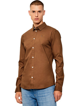 Tommy Jeans Ανδρικό Πουκάμισο Βαμβακερό Μακρυμάνικο Slim Fit Καφέ DM0DM04405-GVP