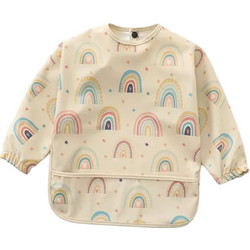 BabyCloud Rainbow Αδιάβροχη Σαλιάρα Ποδιά Υφασμάτινη με Κουμπί Τσέπη & Μανίκια Μπεζ