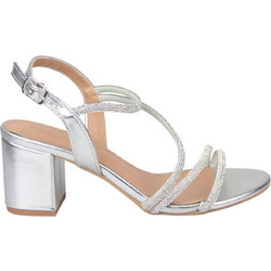 Envie Shoes Γυναικεία Πέδιλα Δερμάτινα Ασημί με Χοντρό Χαμηλό Τακούνι και Στρας E37-23179-21